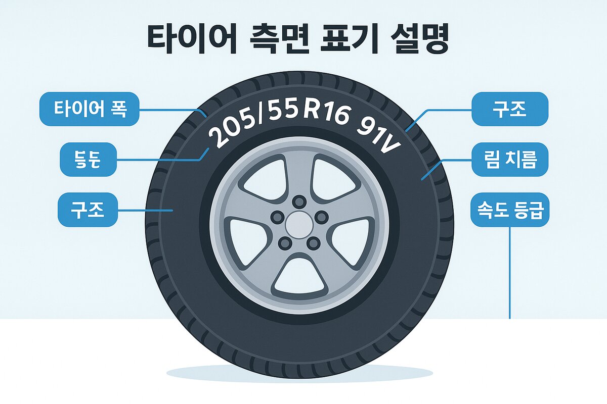 타이어 사이즈 읽는 법 인포그래픽 — 사이드월 표기 설명