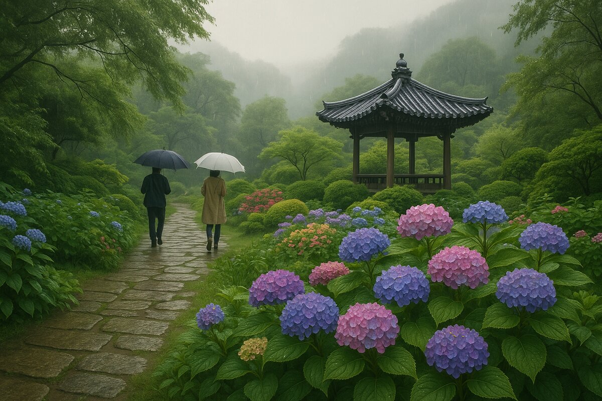 울산 장마철 여행 - 비 오는 날의 운치 있는 정원 풍경